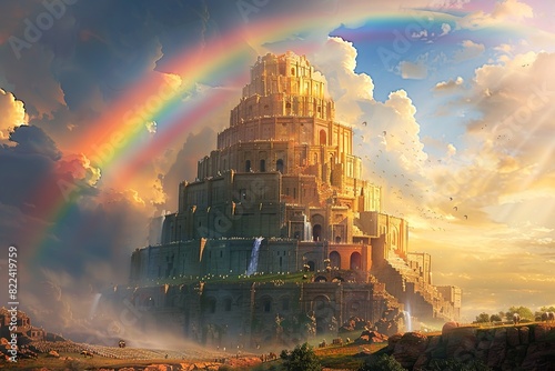 Visualize a colorful cartoon image showcasing the Tower of Babel surrounded by a bustling marketplace at its base, where merchants sell exotic goods