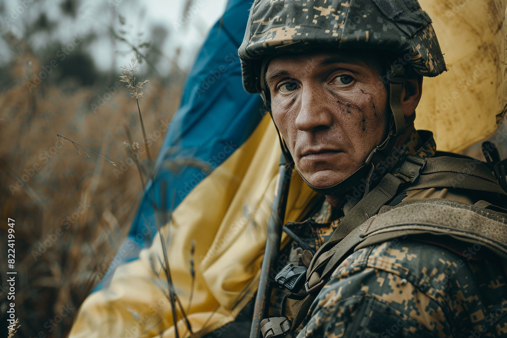 Generative AI illustration of serious young male soldier in protective uniform and ukrainian flag