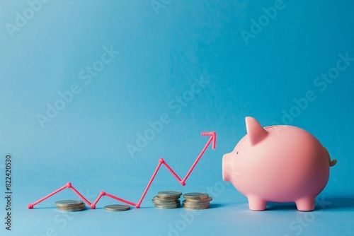 Declining stock graph with a broken piggy bank vibrant flat and clear backdrop ample text space contemporary graphic