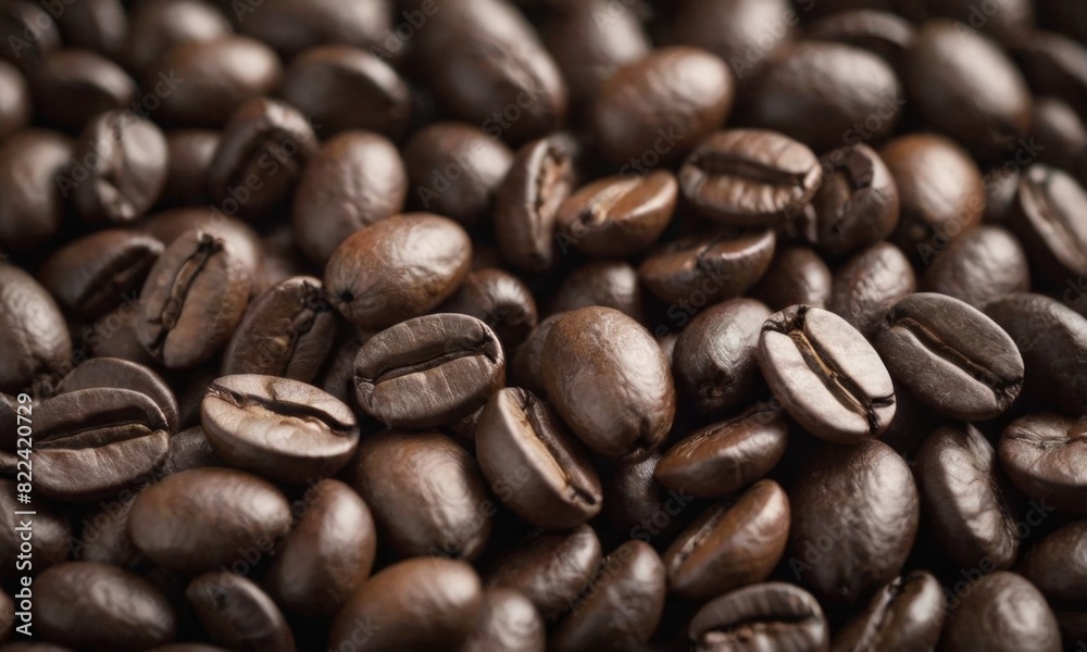 Fototapeta premium Close-Up View of Roasted Coffee Beans in Rich Detail. Coffee background
