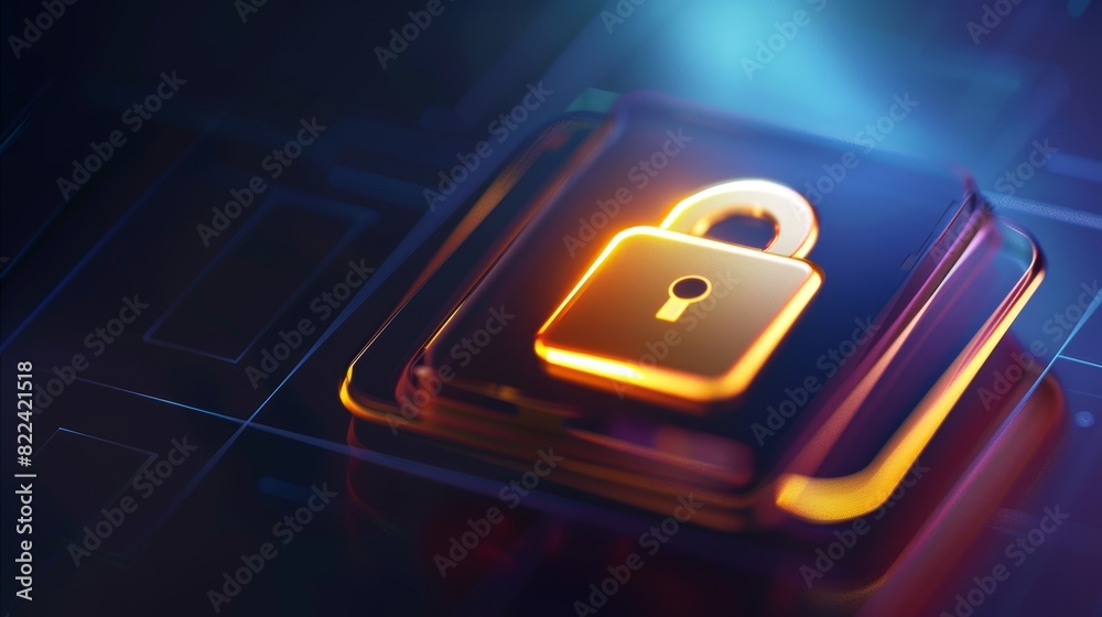 Secure Encrypted Data Concept - Digital Illustration of File Icon with Metallic Gold Padlock Symbol on Glossy Finish, Dark Blue Gradient Background Secure Encrypted Data Concept - Digital Illustration of File Icon with Metallic Gold Padlock Symbol on Glossy Finish, Dark Blue Gradient Background
