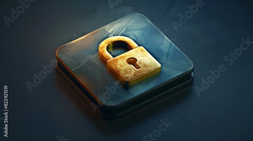 Secure Encrypted Data File Icon with Metallic Gold Padlock Symbol - Digital Illustration with Dark Theme and Vibrant Colors