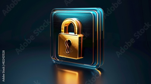 Secure Encrypted Data File with Metallic Gold Padlock Icon on Dark Blue Gradient Background - Digital Illustration with High Detail and Vibrant Colors for Security Concept photo