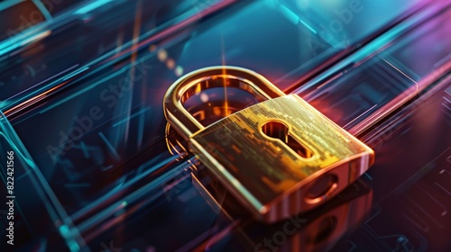 Secure Digital File Encryption Concept with Holographic Folder and Glowing Padlock in Dark Gradient Background