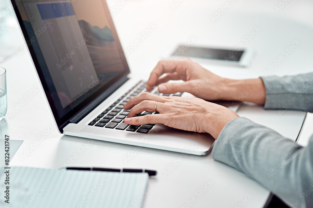 Laptop, hands and typing email in office for project, business or writing report on table. Computer screen, closeup and keyboard of financial agent on internet, research and person networking online Laptop, hands and typing email in office for project, business or writing report on table. Computer screen, closeup and keyboard of financial agent on internet, research and person networking online