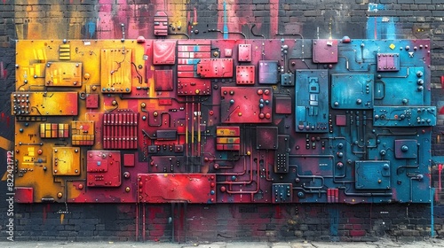 A wall covered in vibrant graffiti art, resembling a colorful circuit board with intricate designs. © Valeriy
