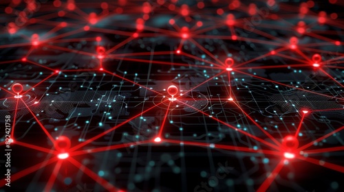 Illuminated Cybersecurity Network Map with Red Threat Indicators - Digital Illustration of Interconnected Nodes and Breaches