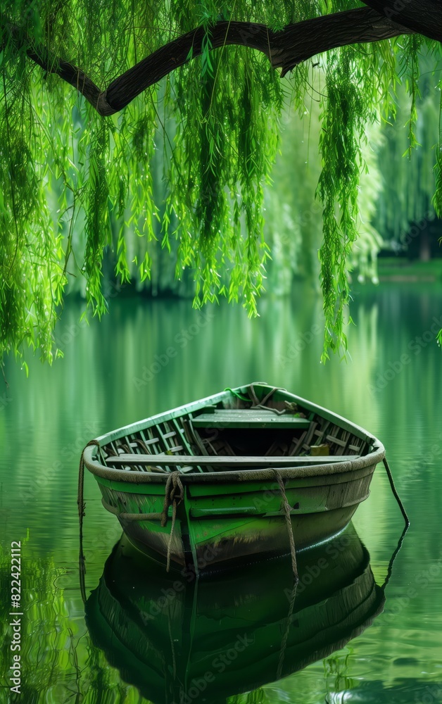 In the green willow tree, there is an ancient wooden boat on the calm lake surface. In the green willow tree, there is an ancient wooden boat on the calm lake surface.