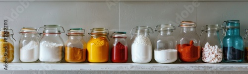 Bottles filled with different colored ingredients sit on a shelf photo