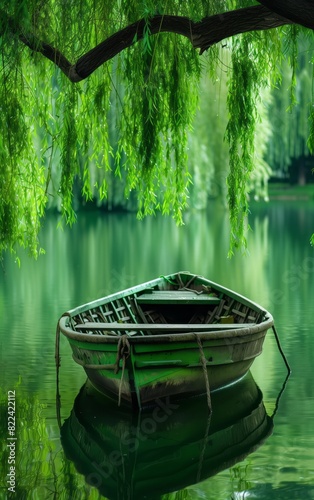 In the green willow tree, there is an ancient wooden boat on the calm lake surface. 