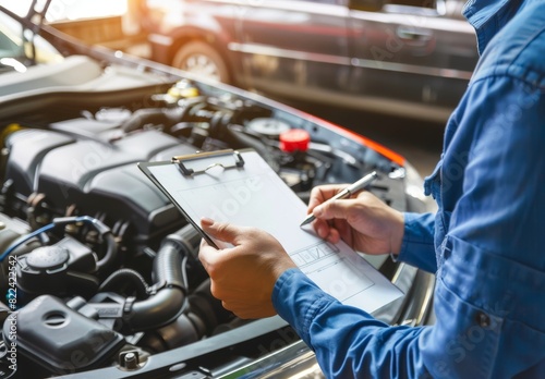 An auto repairman writes a job checklist on a clipboard while inspecting an engine to estimate repairs and maintenance at a vehicle garage.