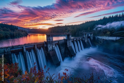 Hydroelectric Dam at Sunset with Colorful Skies for Scenic Energy Production photo