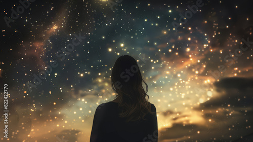 A woman stood looking at the night sky with beautiful twinkling stars. The tranquil nighthe twinkling stars above providing a mesmerizing 