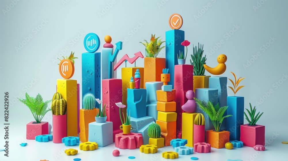 Detailed 3D business growth graphics with funny cartoon characters on a smooth white gradient background, minimalism, studio light, copy space Detailed 3D business growth graphics with funny cartoon characters on a smooth white gradient background, minimalism, studio light, copy space