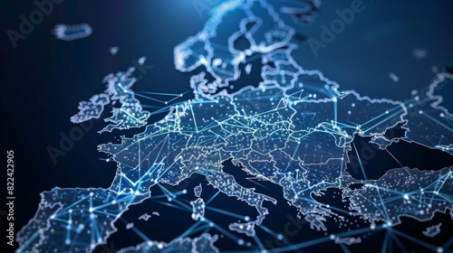 Abstract digital map of Western Europe, European global network concept and connectivity, data transfer and cyber technology, information exchange and telecommunications.