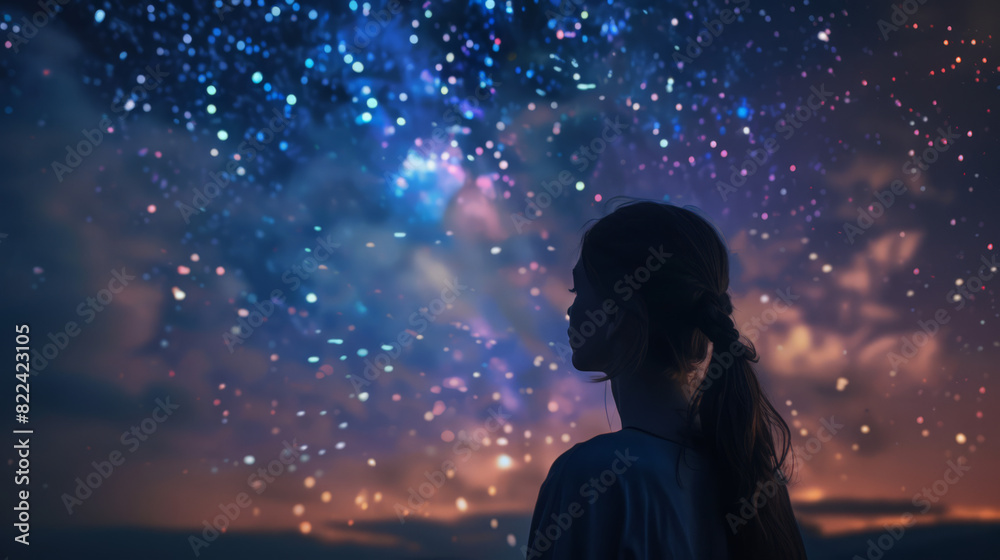 Fototapeta premium A woman stood looking at the night sky with beautiful twinkling stars. The tranquil nighthe twinkling stars above providing a mesmerizing 