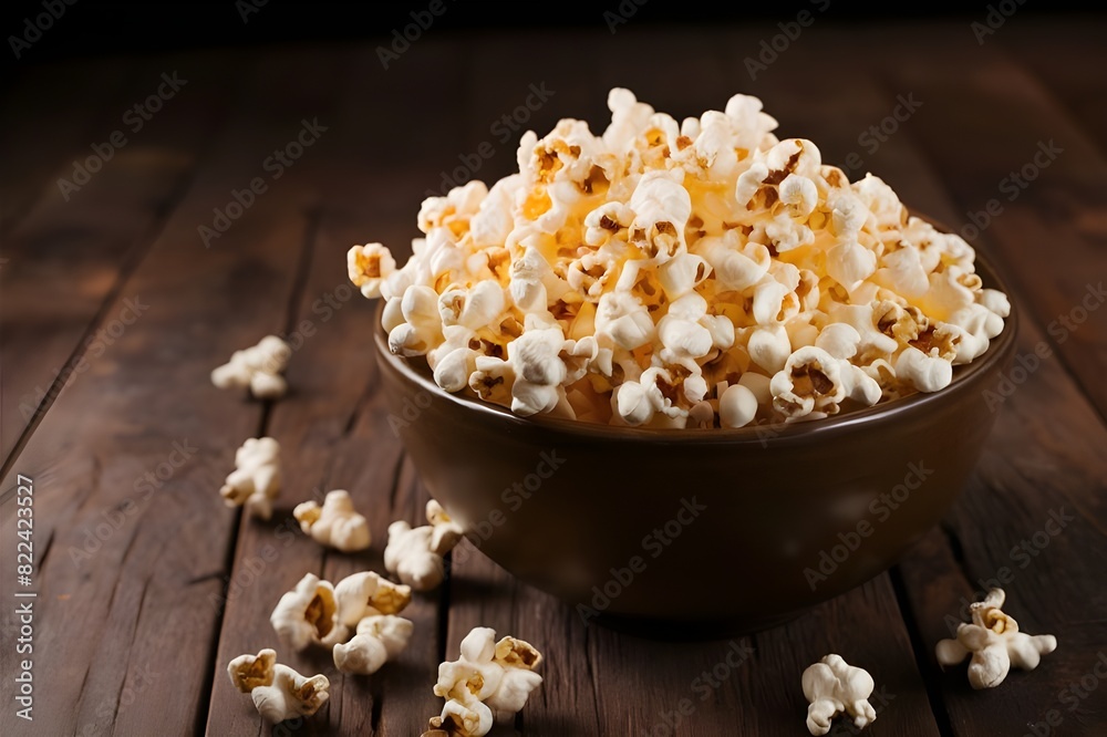 A sweetcorn snack in a wooden bowl is perfect for watching movies generative ai A sweetcorn snack in a wooden bowl is perfect for watching movies generative ai