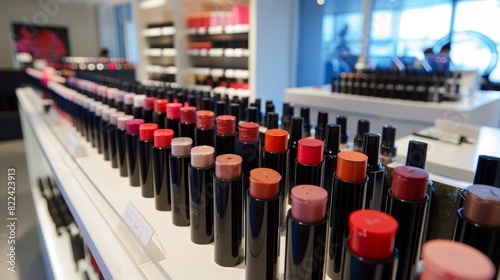 Finished lipsticks arranged on store displays and counters generative ai