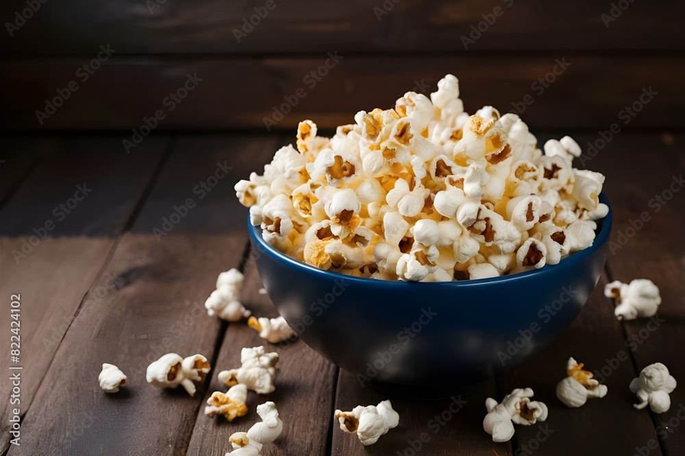 A sweetcorn snack in a wooden bowl is perfect for watching movies generative ai A sweetcorn snack in a wooden bowl is perfect for watching movies generative ai