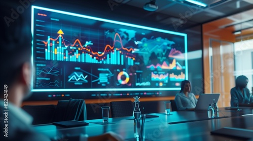 A modern conference room with a sleek digital screen on the wall displaying a vibrant business graph, arrows highlighting key growth areas, businesspeople attentively watching,