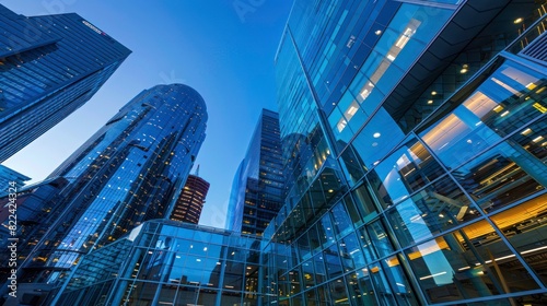 From below of entrance of office building next to contemporary high rise structures with glass mirrored walls and illuminated lights in calgary city against cloudless blue sky