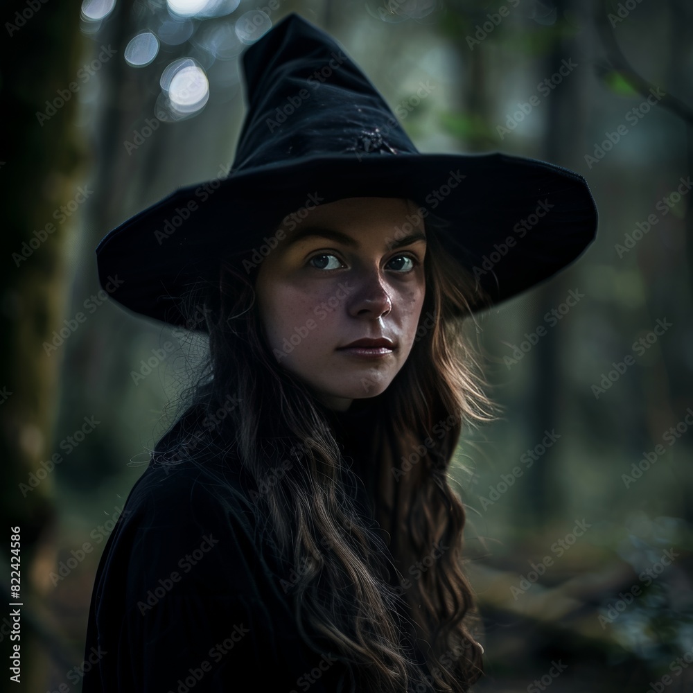 Young Woman Wearing Witch Hat Stands in Forest Young Woman Wearing Witch Hat Stands in Forest