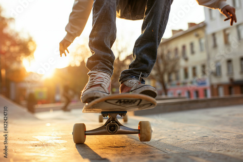 Teenager with skateboard in city skate park generative ai technology