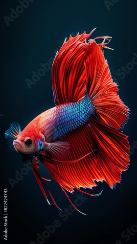 A beautiful Betta fish with vibrant red and blue fins, swimming gracefully in a dark blue water.