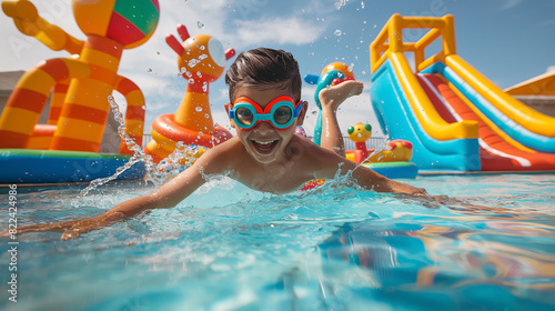 Excited Young Boy Enjoying a Vibrant Water Park Adventure photo