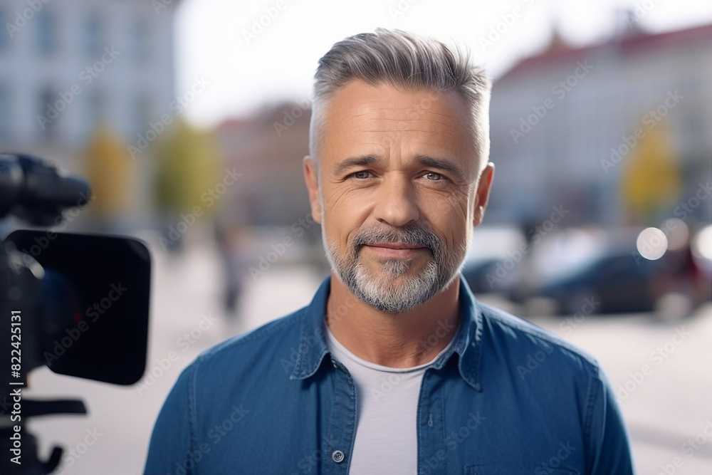 Generative AI illustration Professional reporter journalist in front of camera making live reportage Generative AI illustration Professional reporter journalist in front of camera making live reportage