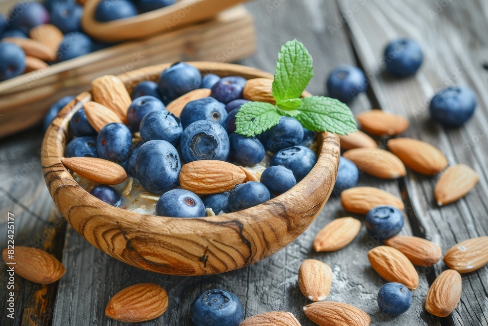 healthy breakfast. oatmeal porridge with blueberries and almonds on wooden table healthy breakfast. oatmeal porridge with blueberries and almonds on wooden table