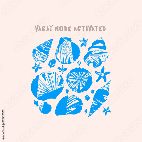 Summer vacay print, funny quote lettering with seashells abstract doodle illustration