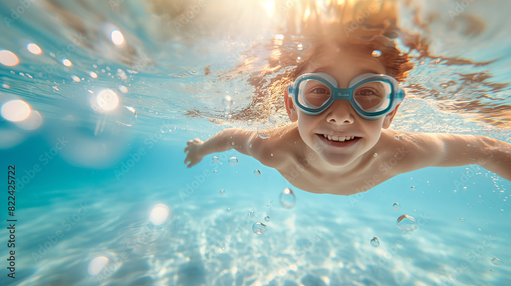 Fototapeta premium Joyful Child Swimming Underwater with Goggles in Sunlit Pool
