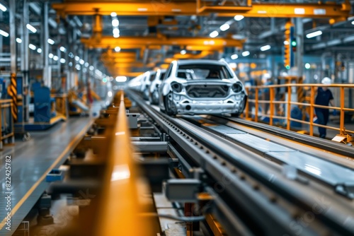 Modern passenger car assembly line in factory setting with workers on white background © Sergej Gerasimov