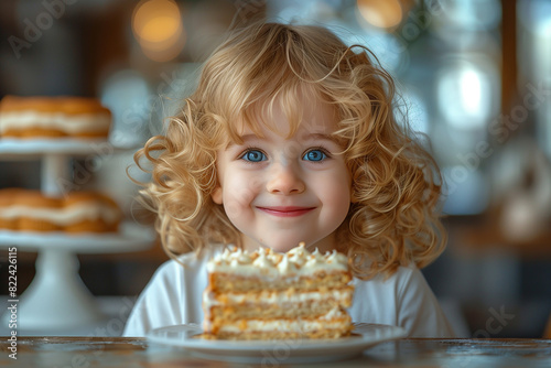 High-Resolution Photo: Smiling Child Enjoying Cake at a Cafe - Capturing Pure Joy.