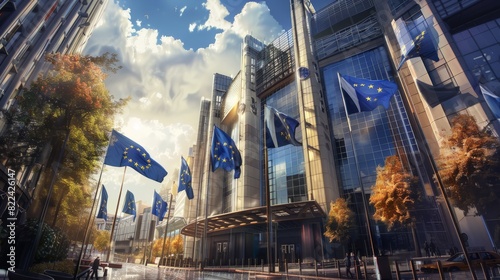 Brus building Parliament European front waving flags EU europa flag union commission brussels government summit belgium community business architecture euro background office law economy photo