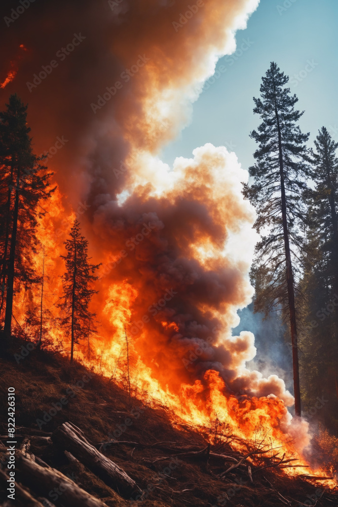 Massive forest fire with fire glow burning charred trees and dark smoke. Wildfire, climate change and extreme heat. Environmental ecological problem. Concept of natural disasters.