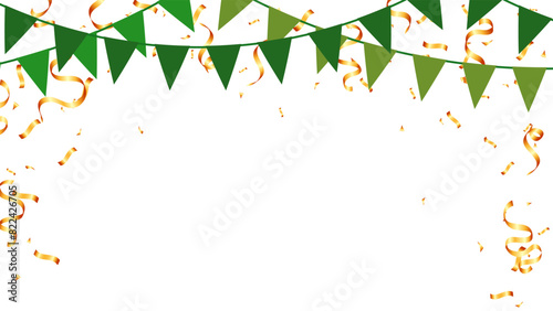 green triangle pennants chain, gold confetti and ribbon background party decoration