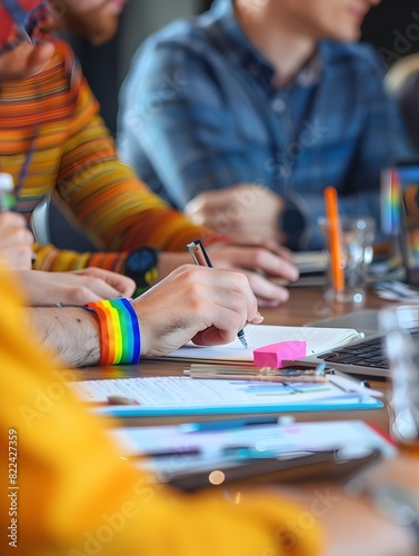 Business leader facilitating a diverse and inclusive team meeting with subtle pride elements in the workspace