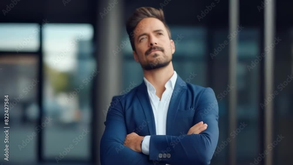 Confident businessman in a suit standing with arms crossed in front of ...