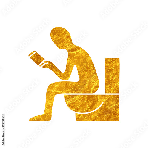 Man sitting in toilet and holding smart phone drawing in gold color style