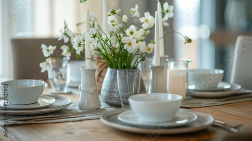 decorative elements on the dining table, such as vases with fresh flowers, candles or ceramic bowls generative ai