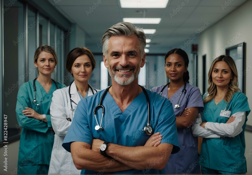 Photo of a doctor smile team standing at a hospital with their arms crossed Photo of a doctor smile team standing at a hospital with their arms crossed
