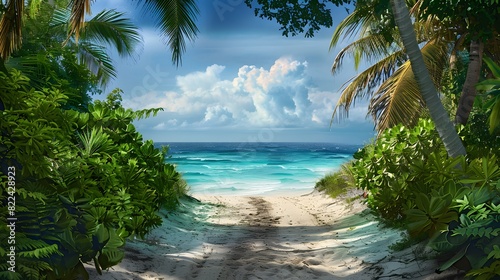 Sandy path leading to a tranquil  turquoise beach framed by lush green tropical plants