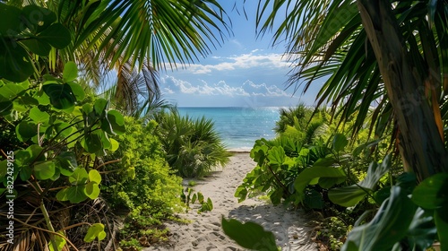 Sandy path leading to a tranquil  turquoise beach framed by lush green tropical plants