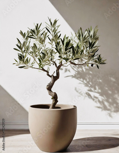 A potted olive tree decorates the wall of the house with natural light.