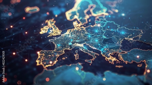 Digital map highlighting Europe with network connections and light effects