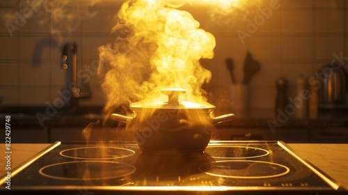 In the kitchen a pot stirs itself on the stove as if controlled by soing unseen. photo