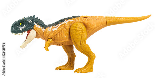 Tyrannosaurus Rex dinosaur plastic toy isolated on PNG transparent background.