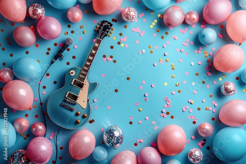 birthay banner background containing classic guitar, microphone and birthday baloons photo